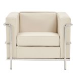 ivory leather reception chair with stainless steel detail. Front view