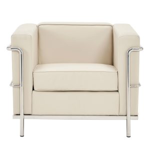 ivory leather reception chair with stainless steel detail. Front view