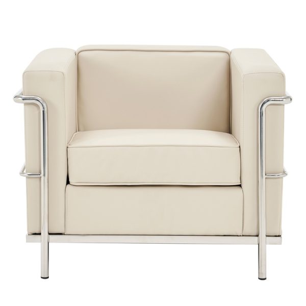 ivory leather reception chair with stainless steel detail. Front view