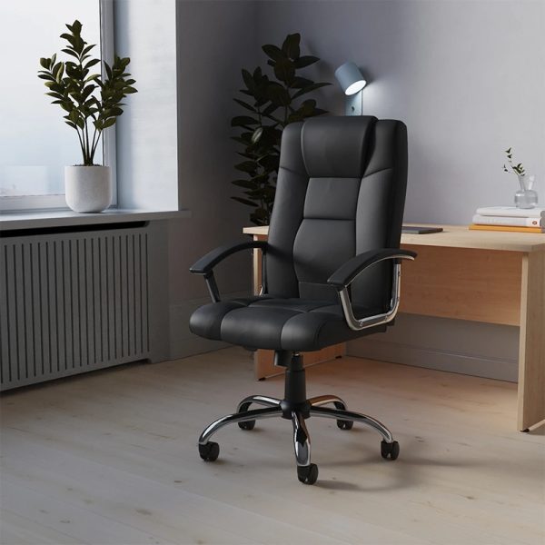 leather office chair in black leather in front of office desk