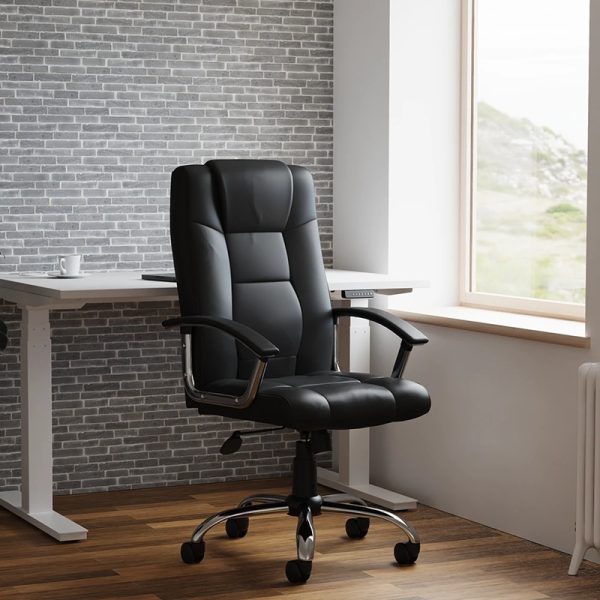 leather office chair in black leather in front of office desk
