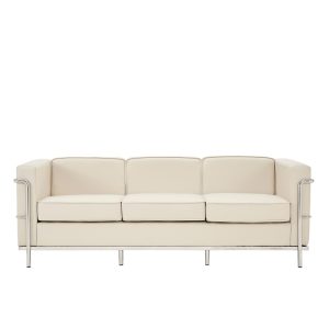 3 seater leather sofa in ivory leather and stainless steel frame