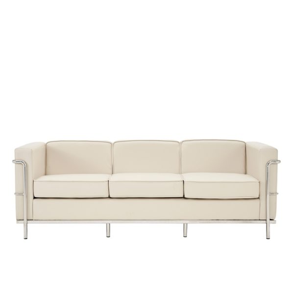 3 seater leather sofa in ivory leather and stainless steel frame