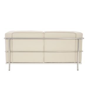 2 seater leather office sofa in ivory leather and stainless steel frame