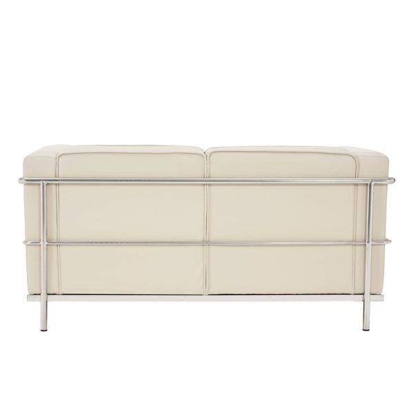 2 seater leather office sofa in ivory leather and stainless steel frame