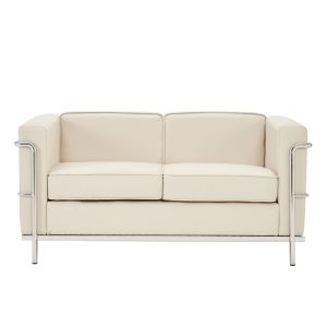 2 seater leather sofa in ivory leather with stainless steel frame