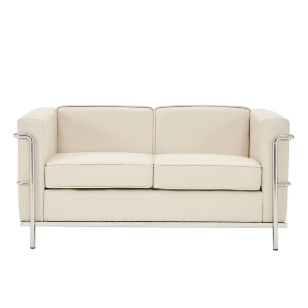 2 seater leather sofa in ivory leather with stainless steel frame