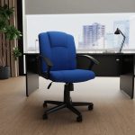 medium back executive chair in blue fabric in office in front of office desk