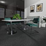 meeting chair in green fabric with chrome cantilever frame around a meeting table in office