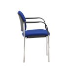 meeting chair in blue fabric with chrome frame and arms. Side view