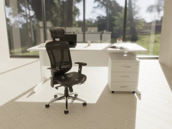 mesh back task operators office chair in modern room shot infront of white office desk and big windows
