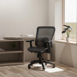 mesh office chair black in home office in front of office desk