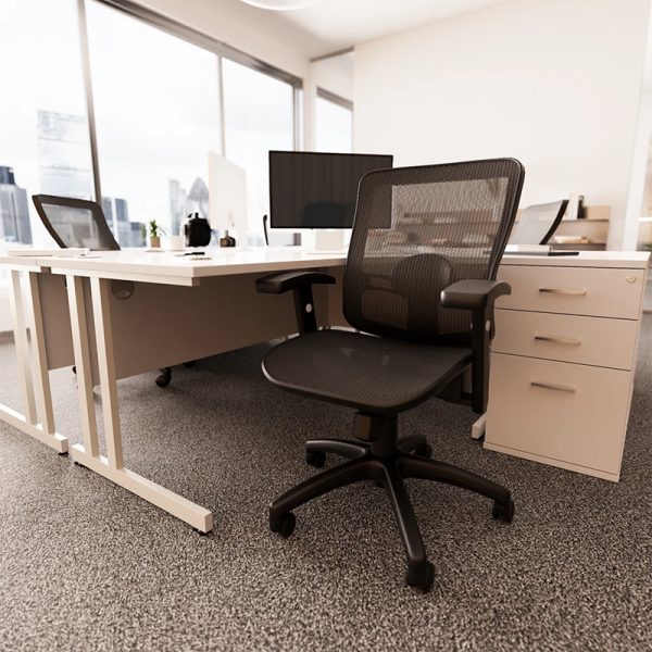mesh office chair in office in front of office desk