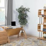 oak computer desk in home office with office bookcase