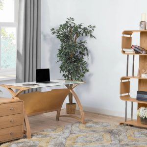 oak computer desk in home office with office bookcase