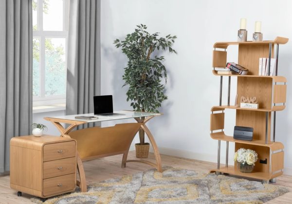 oak computer desk in home office with office bookcase