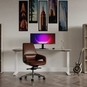 office bookcase in room shot with height adjustable desk and brown leather office chair