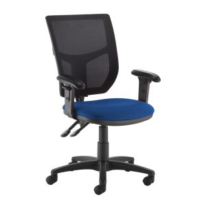 office chair with black mesh back and blue fabric seat