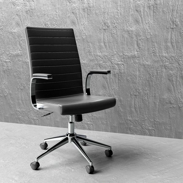 office chair with black leather seat and chrome base