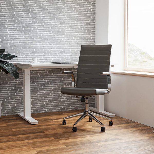 office chair with black leather seat and chrome frame