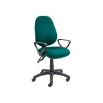 office chair with fixed arms and green fabric