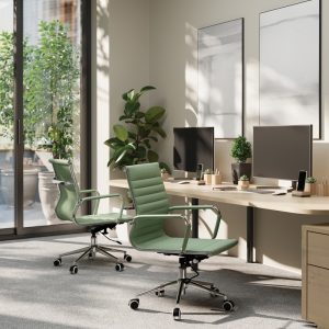 office chair medium back with green leather seat in home office