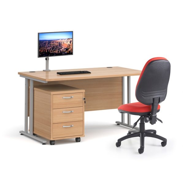 office desk with beech desk top and silver cantilever frame with black office chair and red fabric seat