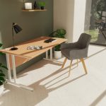 office desk with beech desk top and white leg frame in room setting and grey office chair