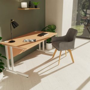 office desk with beech desk top and white leg frame in room setting and grey office chair