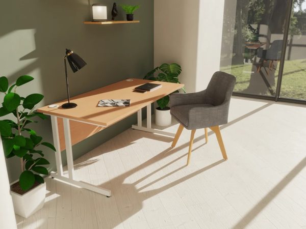 office desk with beech desk top and white leg frame in room setting and grey office chair