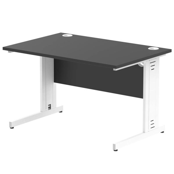 office desk with black desk top and silver cable management legs