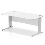 office desk with white desk top and silver cable management legs