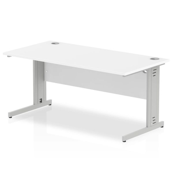 office desk with white desk top and silver cable management legs
