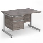 office desk in grey oak with cantilever leg frame and 2 drawer pedestal