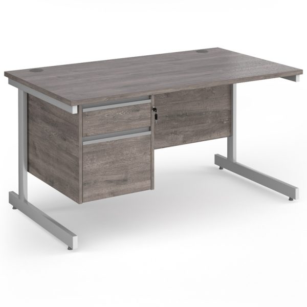 office desk in grey oak with 2 drawer pedestal and cantilever legs