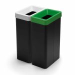office recycling bins with black body and green and white top