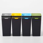 office recycling bins row of 4 with coloured lids and marking for waste stream