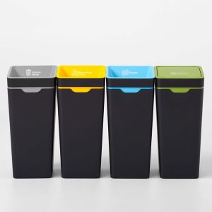 office recycling bins row of 4 with coloured lids and marking for waste stream
