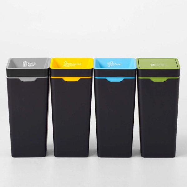 office recycling bins row of 4 with coloured lids and marking for waste stream