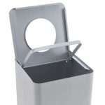 office recycling bin with open top showing hinged bag ring