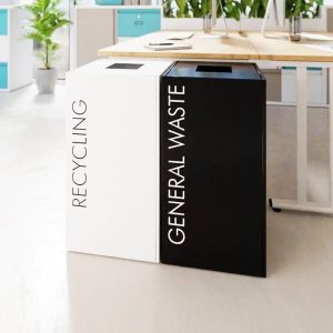 white office recycling bin and black office recycling bin