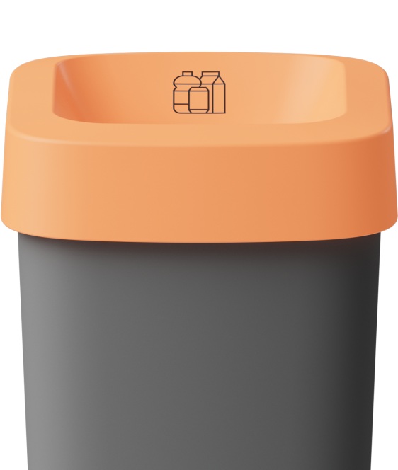 office recycling bin with grey body and orange top