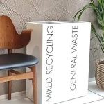 office recycling bins white with black lettering in waiting area