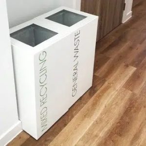 white office recycling bins with black lettering Mixed Recycling and General Waste