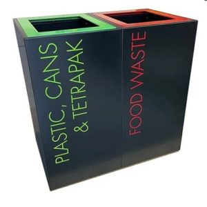 office recycling bins black with coloured tops and lettering