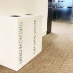 2 white office recycling bins with mixed recycling and general waste lettering