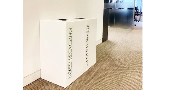 2 white office recycling bins with mixed recycling and general waste lettering