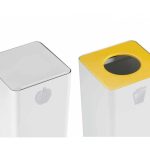 office recycling bins one with yellow top and aperture and other with closed lid