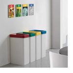 office recycling bins in row of 4 with different coloured tops for different waste streams