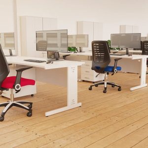 office room set with white cable managed desks